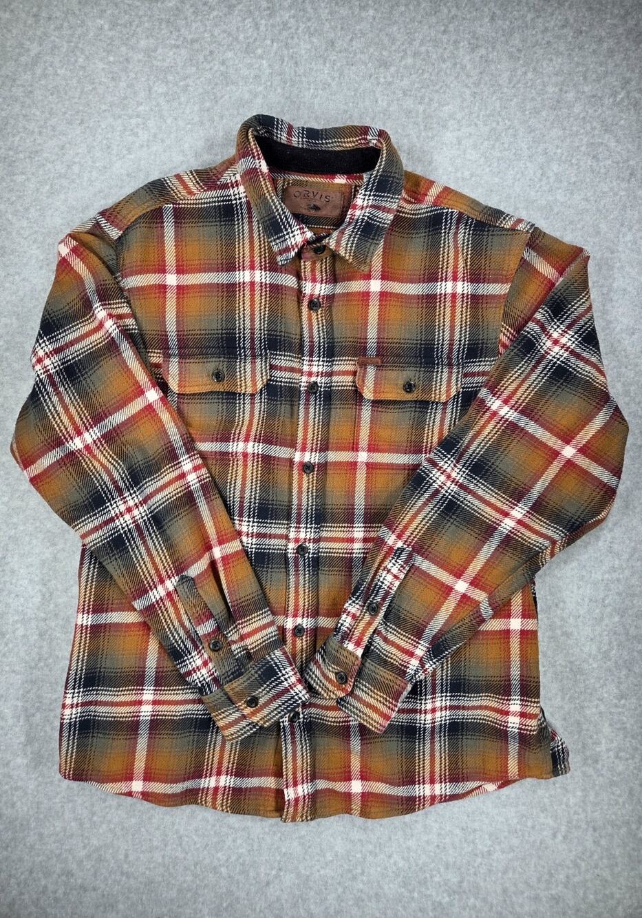 Orvis Big Bear Flannel Shirt Mens XL Autumn Rust Orange Plaid shacket cozy fall